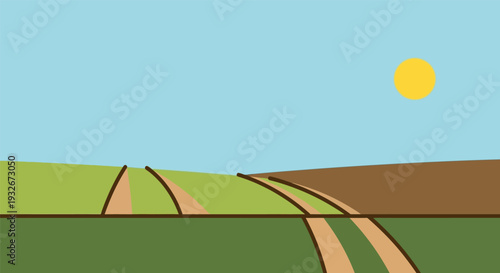 Countryside landscape with rolling hills in serene peaceful atmosphere under bright sunny sky for agricultural background