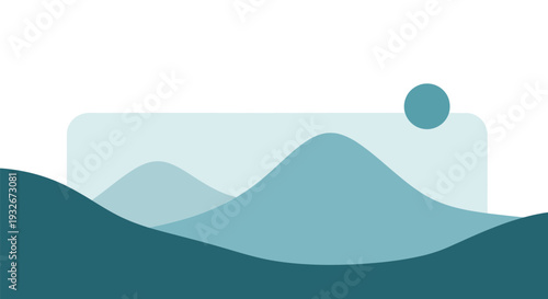 Minimalist landscape with abstract mountains in soft blue gradient with gentle waves in calm serene lighting for wellness branding
