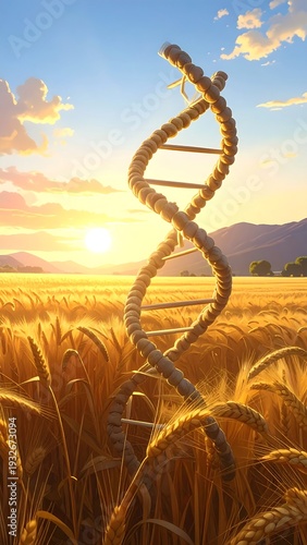 A giant DNA double helix standing in a golden wheat field