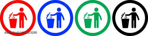 person throwing trash into recycling bin icon in red, blue, green, and black colors