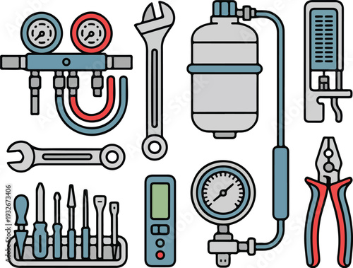 Professional hvac repair tool icons with manifold gauge set adjustable wrench pliers and digital multimeters.