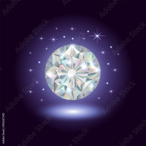 Brilliant round diamond surrounded by twinkling stars on dark background