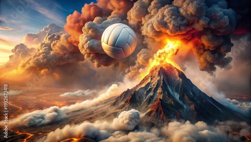 A white volleyball floats serenely amidst a dramatic volcanic eruption, a surreal juxtaposition of peaceful sport and powerful nature's fury.