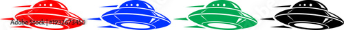 Unidentified flying object ufo saucer icons in red blue green black over transparent background set