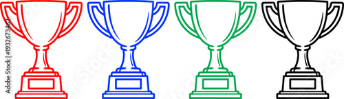 Gold trophy cup award line art set in red blue green and black colors on transparent grid background