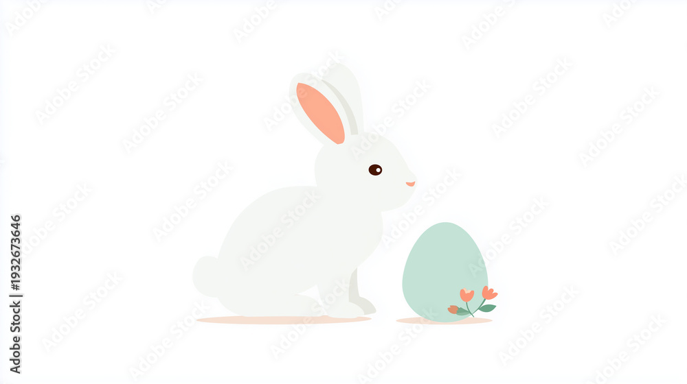 Fototapeta premium Cute white rabbit and a decorative egg. Ideal for Easter themes, spring festivities, and animal illustrations.