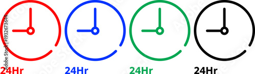 Twenty four hour clock icon set showing time management and round the clock service availability sign