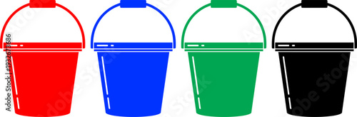 Four colorful buckets red blue green black isolated on transparent background simple design
