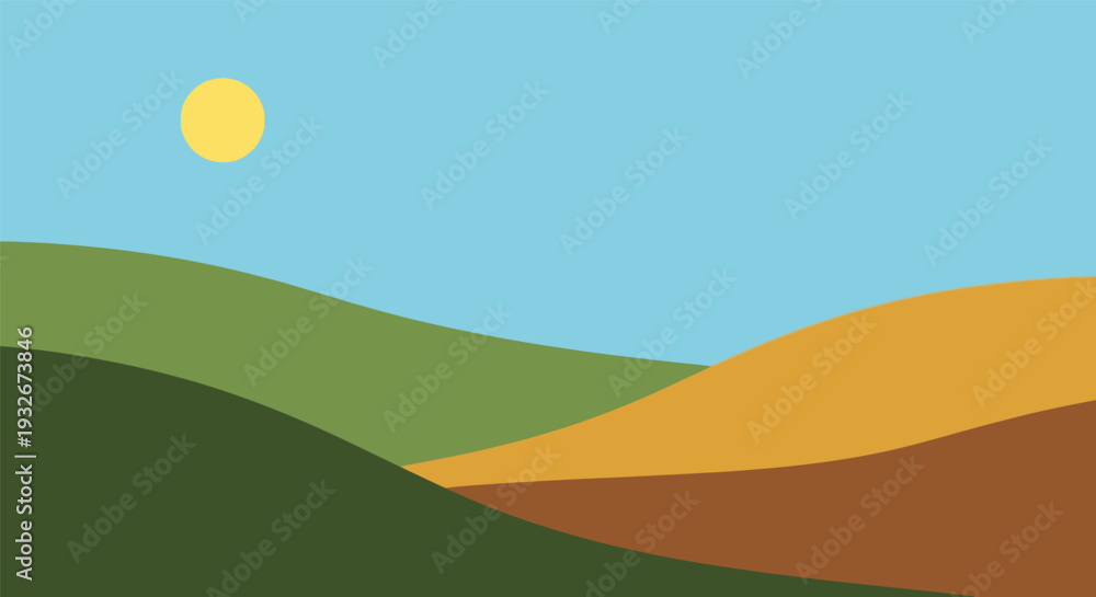 Obraz premium Rolling hills in minimalist style with bright warm lighting on flat illustration for landscape design