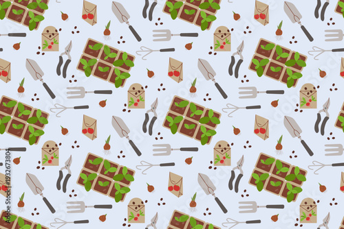 A seamless vector illustration of garden seedlings in trays, seed packets, and essential planting tools. Perfect for agricultural branding, DIY hobby blogs, and eco-friendly packaging.