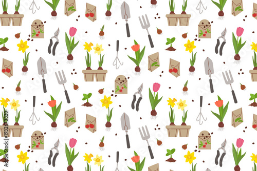 A bright seamless vector illustration featuring spring flowers like tulips and daffodils, garden tools, and seed packets. Perfect for eco-friendly branding, textile design, and spring decor.