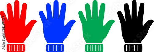 Hands in red blue green and black colors open with fingers spread showing five digits isolated on white background