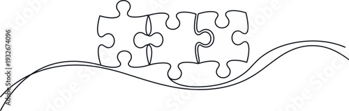 Interconnected puzzle pieces forming a cohesive unit with wavy line on white background symbolizing teamwork and unity