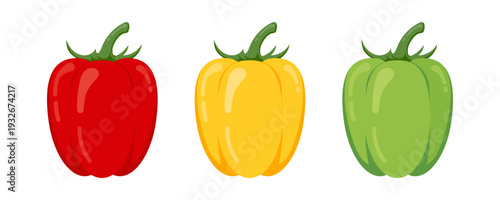 Sweet red, yellow, and green bell peppers isolated on white background. Flat vector illustration
