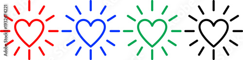 Shiny heart icon collection with ray lines in red blue green black colors isolated on transparency