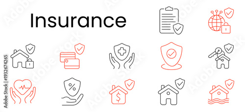 Insurance set icon. Outline pictograms, policy clipboard, globe lock, homelock, card shield, medical hands, approval, key house shield, heart care hands, percent