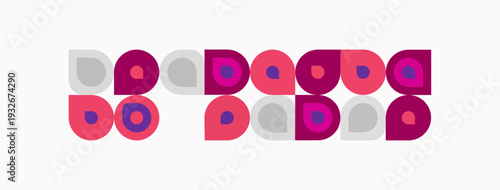 Abstract pattern features repeating circles, squares. Pink, purple, beige hues create playful visual rhythm. Simple geometric design.