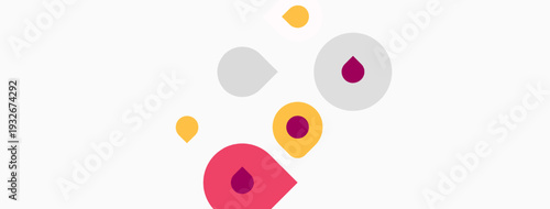 Abstract shapes, circles, dots. Colors include pink, yellow, purple, gray. Minimalist design, simple composition, clean aesthetic.