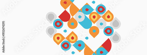 Abstract geometric shapes, vibrant colors, overlapping forms create dynamic composition. Light background emphasizes colorful elements.