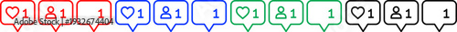 Social media notification icons for like, follower, and comment, set of red, blue, green, black colors