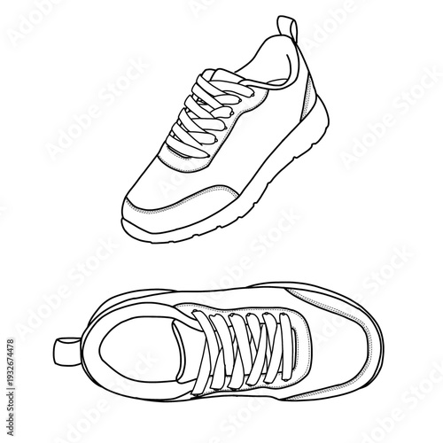Black and white illustration of a running shoe, showcasing side and top views. Vector line art. Isolated on a white background