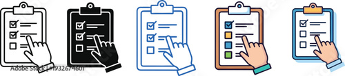 Online Survey and Checklist Clipboard Icons with Hand Cursor in Flat and Line Style Isolated on White Background