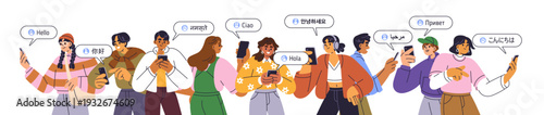 Language translate, multilingual communication service in mobile phone app. People with smartphone, translation application, hello greeting. Flat vector illustration isolated on white background