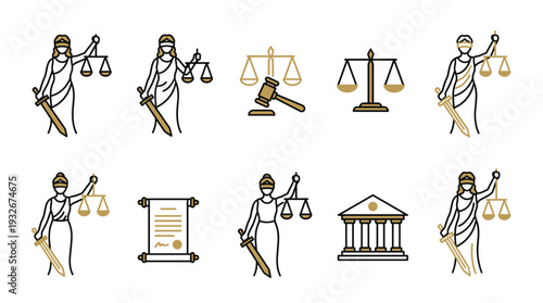 Collection of legal icons and Lady Justice vector figures in minimal outline style with gold accents including scales gavel courthouse and scroll for law attorney and court