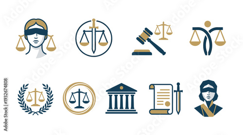 Premium law and legal icon set featuring Lady Justice vector scales gavel courthouse and document symbols in elegant blue and gold colors for attorney court or judicial design