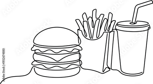 Fast food illustration of burger fries and soda in a line drawing style on a white background