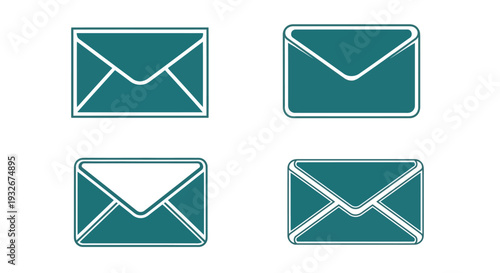 Four teal envelope icons with varying shapes and orientations displayed