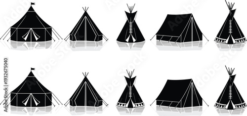 Native American teepee tent silhouettes set, traditional tribal tipi camp icons isolated on white background for cultural, outdoor, and historical design projects