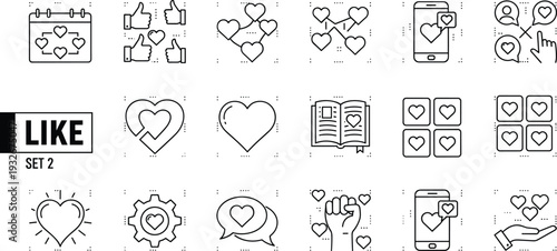 Social Media Like and Love Line Icons Set Isolated on White Background for Mobile App Interface, Engagement, and Online Communication Design