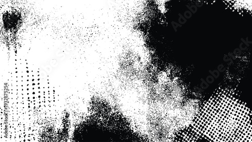 Grunge textured abstract design with halftone dots and smudges