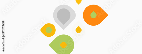 Colorful drops scattered across white background. Simple shapes, flat design, minimal aesthetic. Bright hues create playful visual.