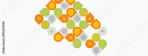 Abstract pattern features repeating rounded shapes. Orange, gray, green hues create geometric composition. Simple design, modern aesthetic.