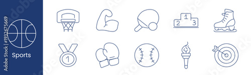 Sports competition fitness set icon. Basketball hoop muscle paddle podium skate medal gloves baseball torch target depict athletic training game victory.
