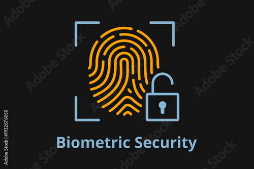 Biometric security concept icon with orange fingerprint and unlocked padlock on dark background. Vector illustration for digital identity and authentication.