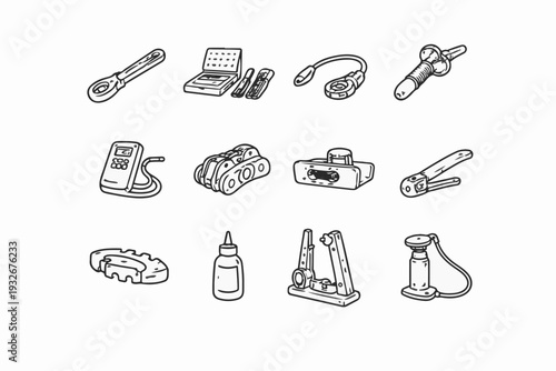 A collection of various technology objects and electronic gadgets, each intricately illustrated with clean lines and a modern aesthetic, offers a diverse array of equipment.