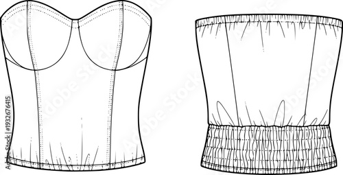 Strapless Tube Top Fashion Technical Drawing - Elastic Bodice Apparel Flat Sketch Vector