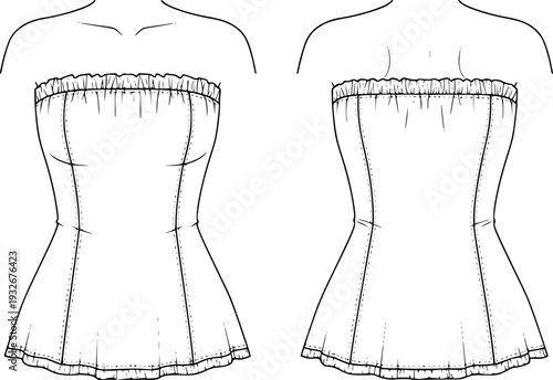 Strapless Tube Top Fashion Technical Drawing - Elastic Bodice Apparel Flat Sketch Vector