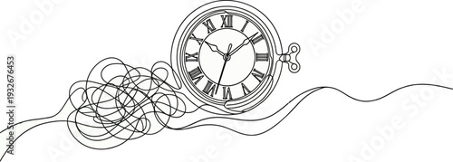 Clock with tangled line representing time and complexity in a simple drawing