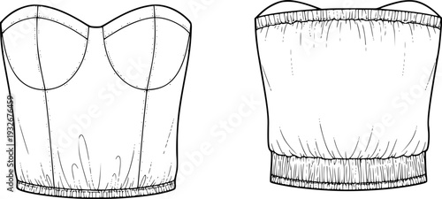 Strapless Tube Top Fashion Technical Drawing - Elastic Bodice Apparel Flat Sketch Vector