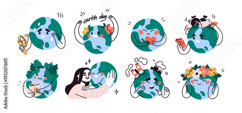 Earth planet, cute globe, kawaii funny eco character set. Happy smiling and a...
