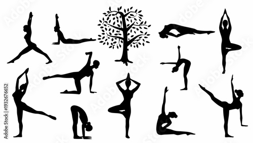 Yoga poses for flexibility and balance with tree silhouette