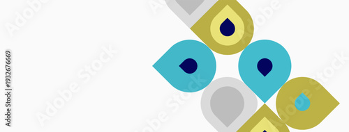 Abstract shapes, water droplets, muted colors. Minimalist design, clean aesthetic, simple composition. Light background, geometric forms.