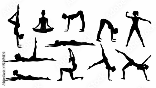 Women in various yoga poses and stretches in black silhouette