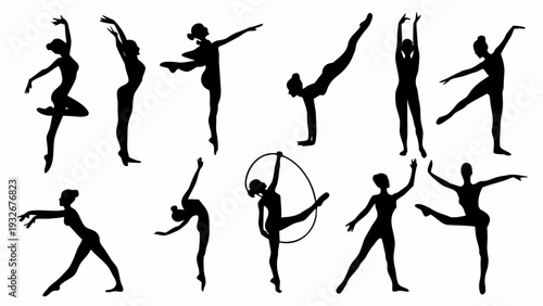 Dancers in dynamic poses with hoop performing gymnastics and ballet