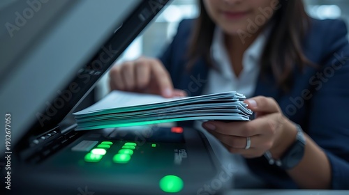Businesswoman scanning documents at modern office machine