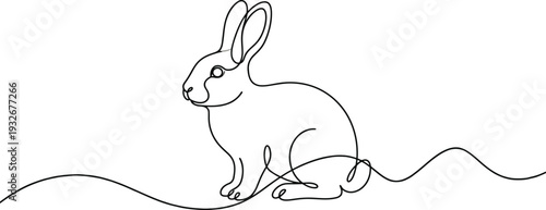 Continuous line drawing of a sitting rabbit with long ears and wavy tail on white background
